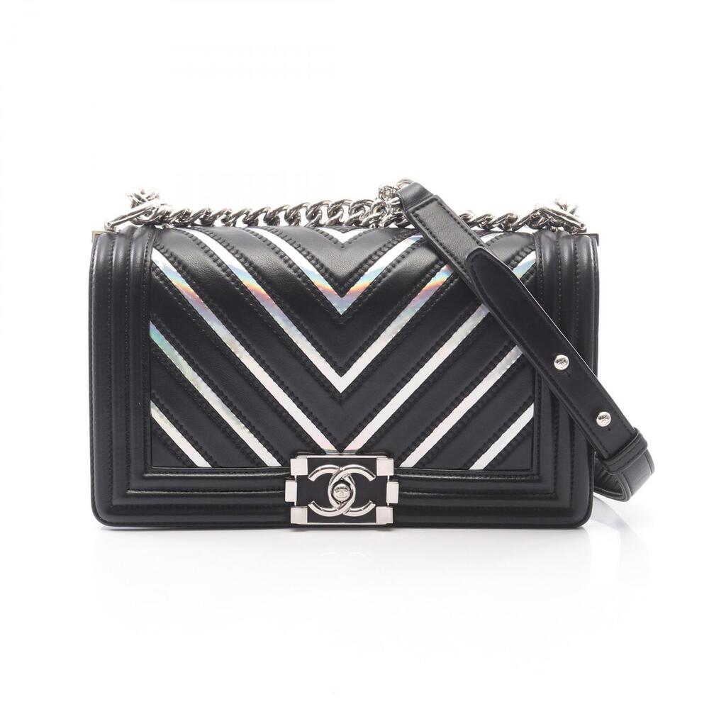 Chanel Boy V stitch Shoulder Bag Lambskin Leather Black Silver